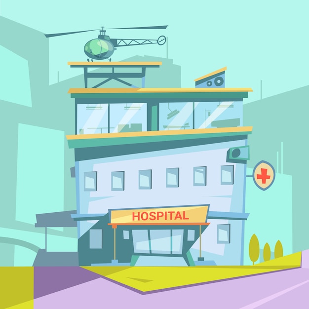 Vetor grátis desenho animado retrô de prédio de hospital com helicóptero e ilustração vetorial de janelas transparentes
