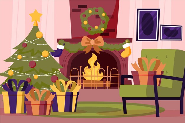 Desenho cena de lareira de natal