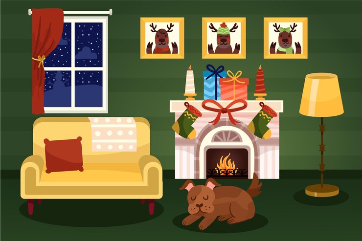 Vetor grátis desenho cena de lareira de natal