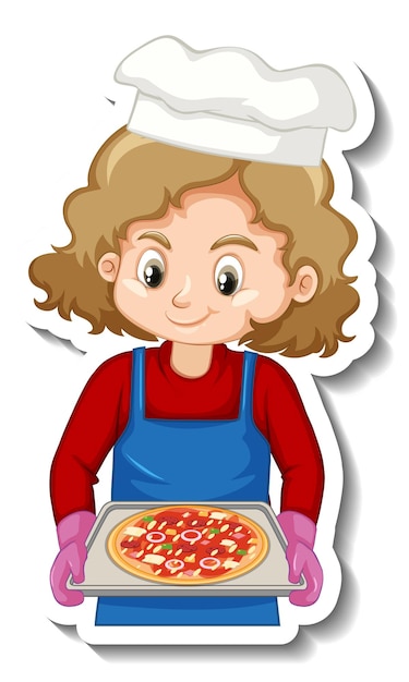 Desenho de adesivo com chef girl segurando uma bandeja de pizza