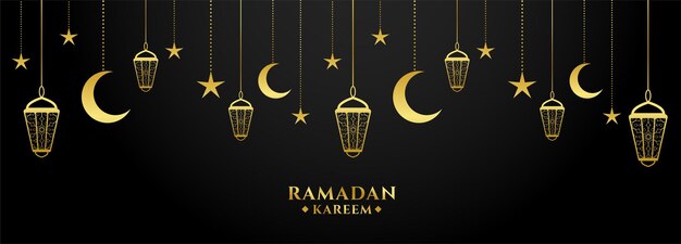 Desenho de banner decorativo dourado e preto Ramadan Kareem