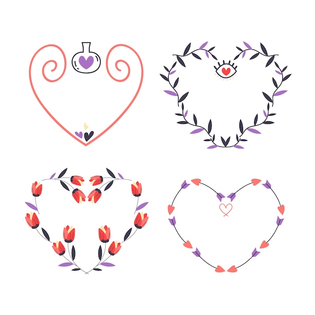 Vetor grátis desenho de bordas e molduras de corações desenhados à mão