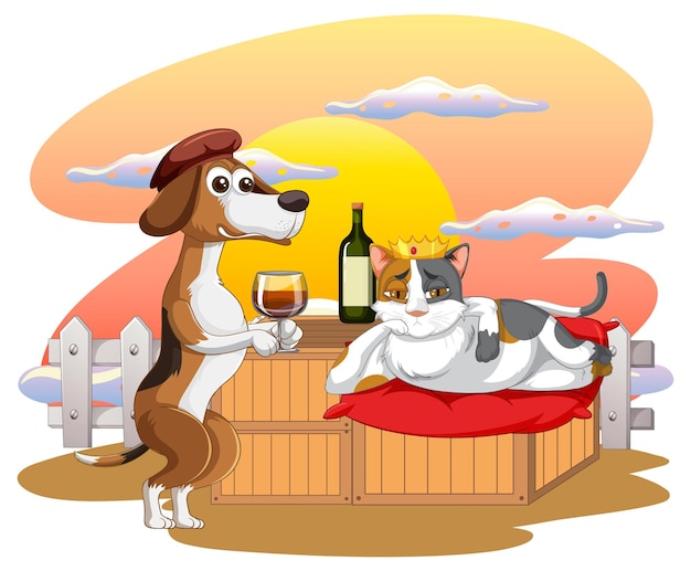 Vetor grátis desenho de cachorro e gato bebendo vinho