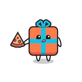 Desenho de caixa de presente fofo comendo pizza, design de estilo fofo para camiseta, adesivo, elemento de logotipo