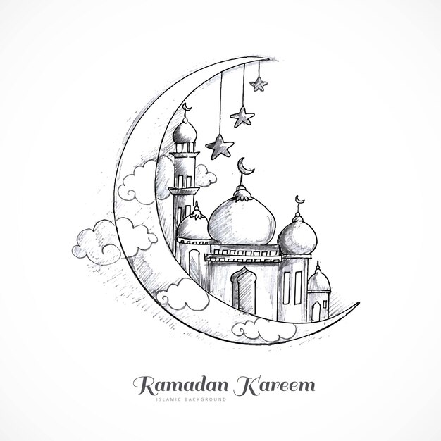 Desenho de cartão de ramadan kareem de desenho de lua de desenho à mão