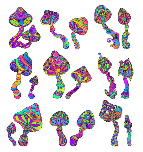 Vetor grátis desenho de cogumelo trippy com ícones isolados de cogumelos curvilíneos coloridos com padrões psicodélicos de gradientes ornamentados ilustração vetorial