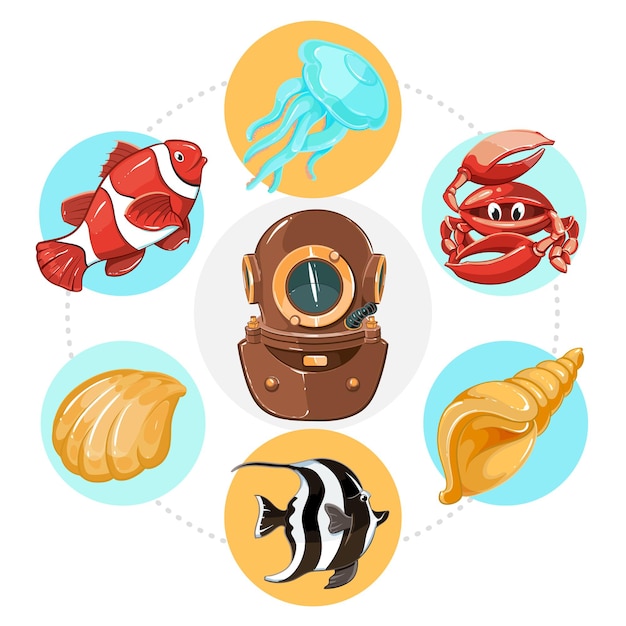 Desenho de conceito de vida subaquática com capacete de mergulhador, conchas de água-viva e caranguejo em círculos coloridos.