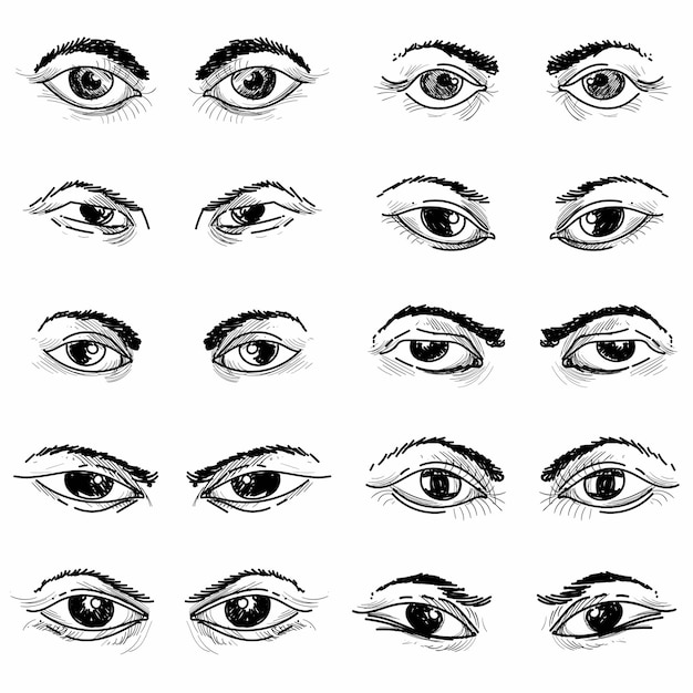 Coleção de esboços de olhos com diferentes emoções no estilo japonês.