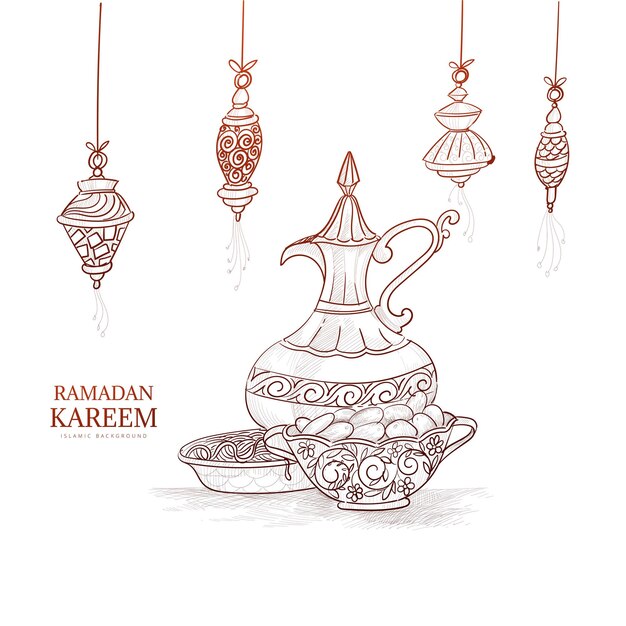 Vetor grátis desenho de desenho de mão de cartão ramadan kareem