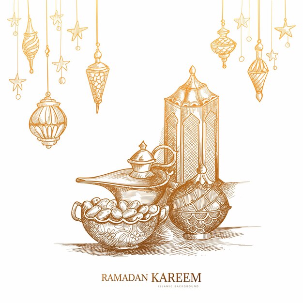 Desenho de esboço de cartão ramadan kareem desenhado à mão