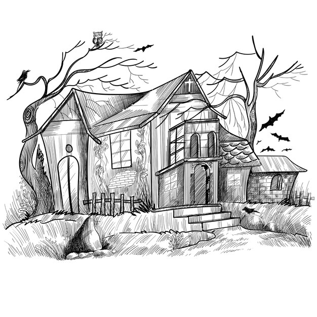 Desenho de esboço de casa assombrada de halloween desenhado à mão