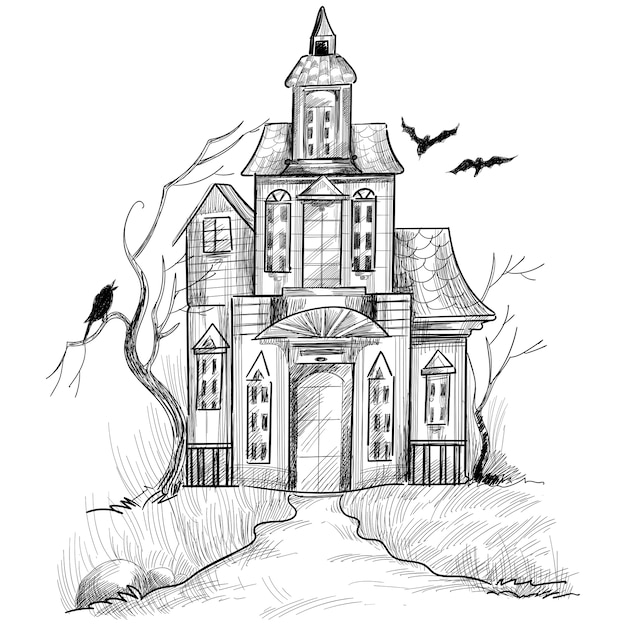 Desenho de esboço de casa assombrada de halloween desenhado à mão