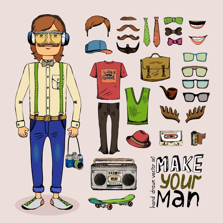 Vetor grátis desenho de hipster masculino com fita adesiva para óculos e maleta em estilo retro