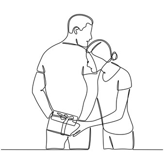 Desenho de linha contínua casal feliz em pé com ilustração vetorial de caixa de presente