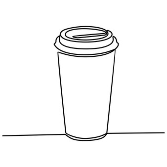 Desenho de linha contínua de beber em papel ou copos plásticos com tampas e canudos vetor
