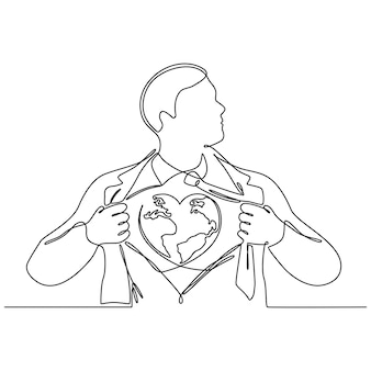 Desenho de linha contínua de um homem de negócios rasgando a camisa, mostrando o baú da fantasia por baixo Vetor Premium