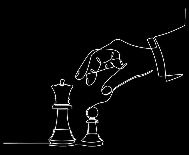 Desenho de linhas contínuas de mãos segurando a figura de uma peça de xadrez e nocauteando a rainha