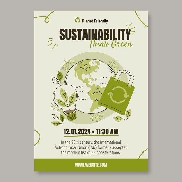 Desenho de modelo de cartaz "Pensar em sustentabilidade verde"