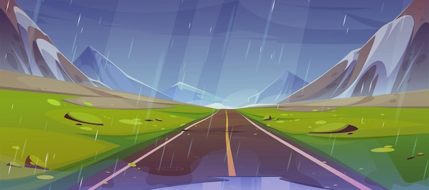 Vetor grátis desenho de paisagem chuvosa de estrada e vista para a montanha