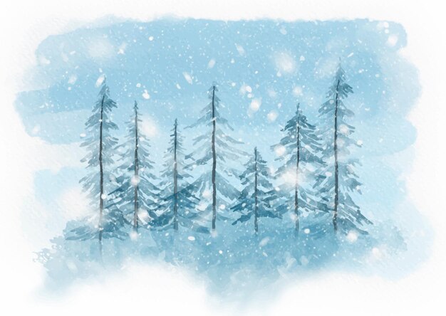 Desenho de paisagem nevada de inverno em aquarela pintado à mão