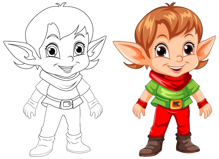 Vetor grátis desenho de personagem de desenho animado elf para colorir