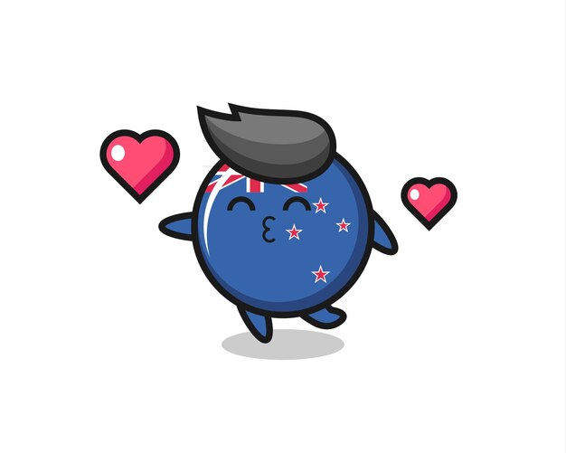 Desenho de personagem de distintivo de bandeira da nova zelândia com gesto de beijo
