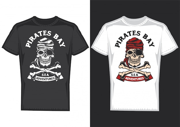 Desenho de t-shirt em 2 t-shirts com posters de piratas com ossos.