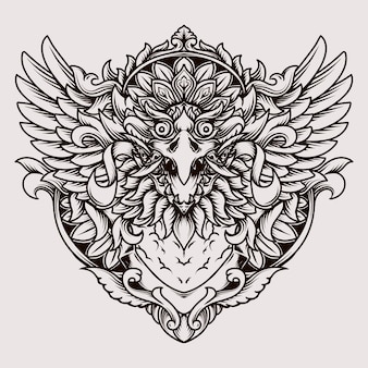 Desenho de tatuagem e camiseta balinese barong garuda gravura ornamento