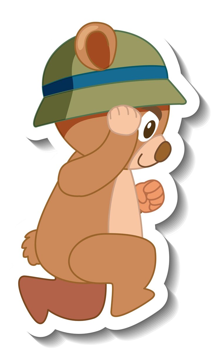 Vetor grátis desenho de urso fofo com chapéu e adesivo vista lateral