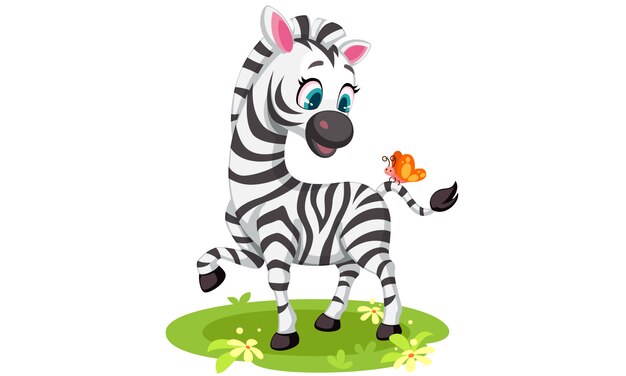 Desenho de zebra bebê brincando com borboleta