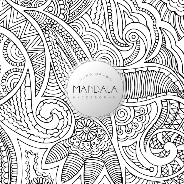 Desenho desenhado à mão em preto e branco fundo de padrão de mandala floral