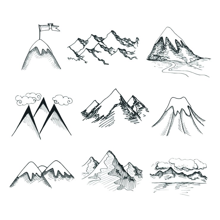 Vetor grátis desenho desenhado, neve, gelo, montanha, topos, decorativo, ícones, isolado, vetorial, ilustração