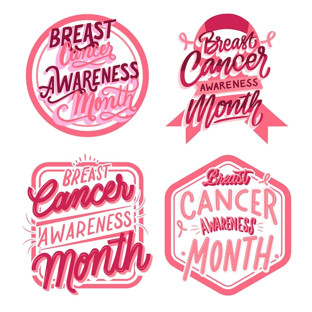 Vetor grátis desenho dia internacional plano contra coleção de rótulos de letras de câncer de mama