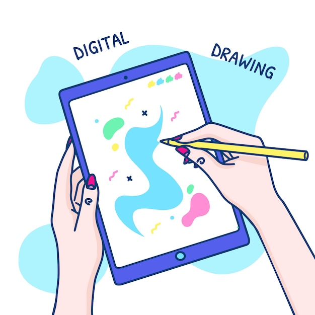 Desenho digital desenhado à mão no conceito de tablet com mãos de mulher