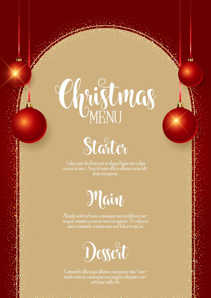 Vetor grátis desenho elegante do menu de natal com brilhantes e bolinhas penduradas
