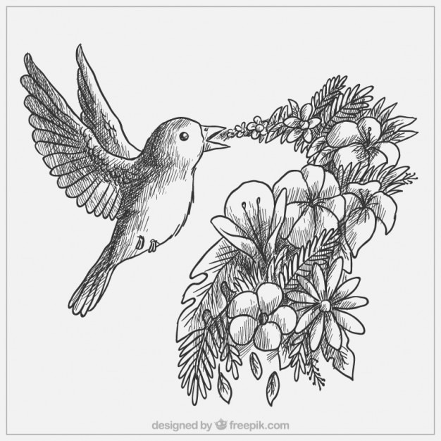 Vetor grátis desenho lindo pássaro com flores