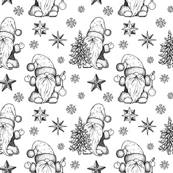 Desenho padrão sem emenda de feliz ano novo e feliz natal com gnomos fofos