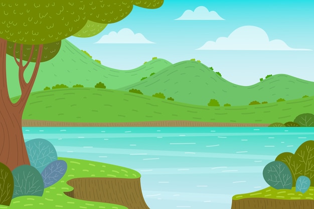 Desenho plano desenhado à mão cenário do lago