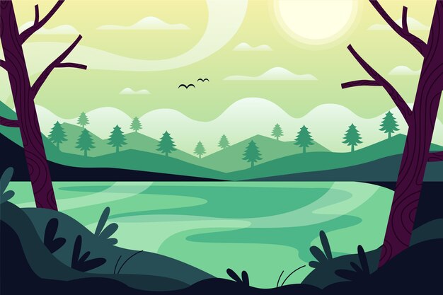 Desenho plano desenhado à mão cenário do lago