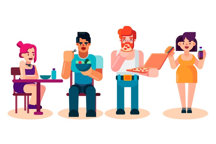 Vetor grátis desenho plano desenhado à mão de pessoas comendo coleção