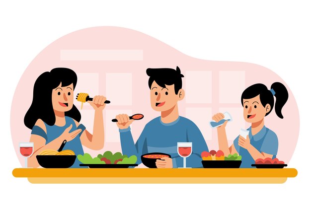 Desenho plano desenhado à mão de pessoas comendo ilustração