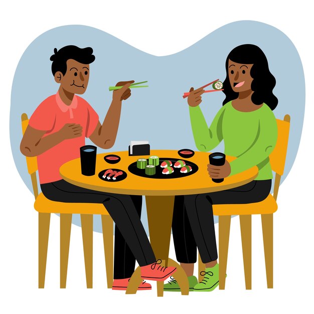Desenho plano desenhado à mão de pessoas comendo ilustração