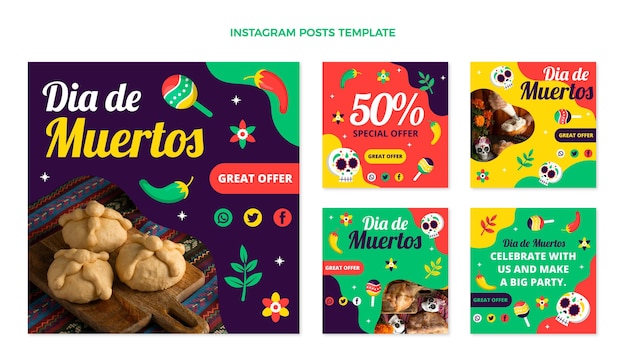 Vetor grátis desenho plano desenhado à mão dia de muertos post ig