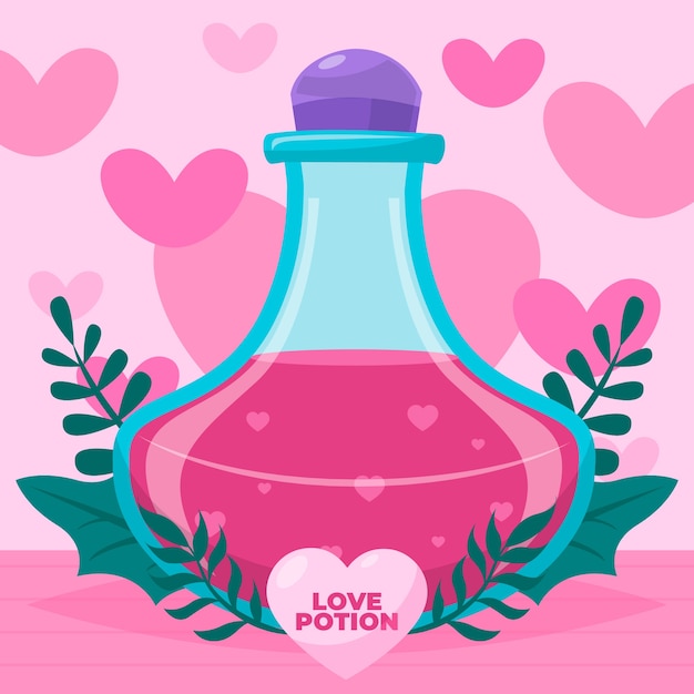 Desenho plano desenhado à mão ilustração de poção de amor