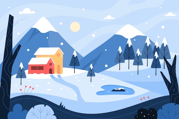 Desenho plano desenhado à mão paisagem de inverno