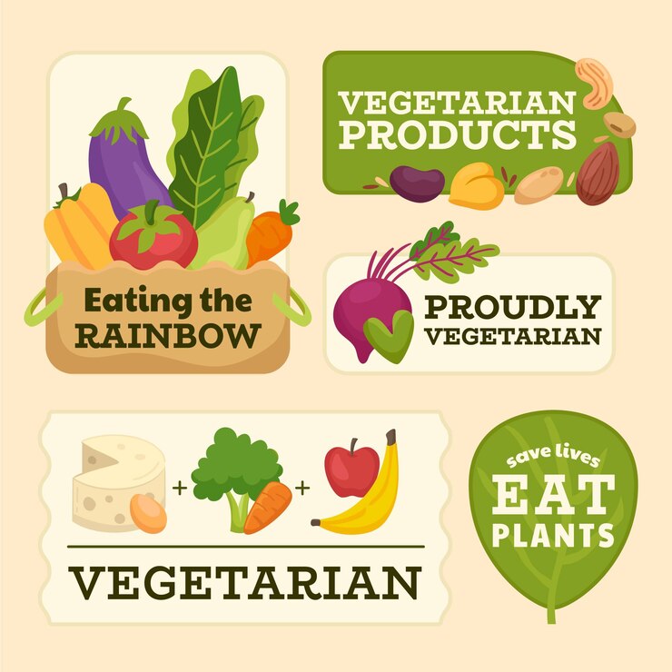 Vetor grátis desenho plano, emblemas e etiquetas de comida vegetariana