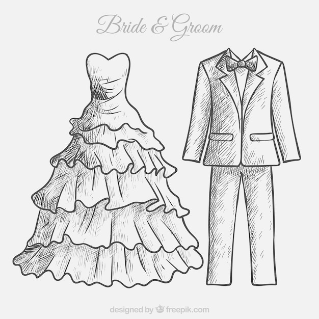 Desenho vestido de noiva e esboço terno do noivo