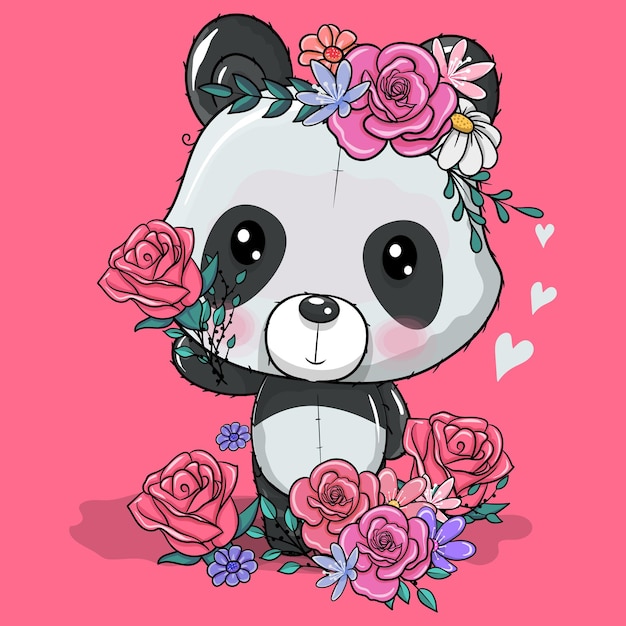 Vetor grátis desenhos animados bonitos panda com ilustração vetorial de flores