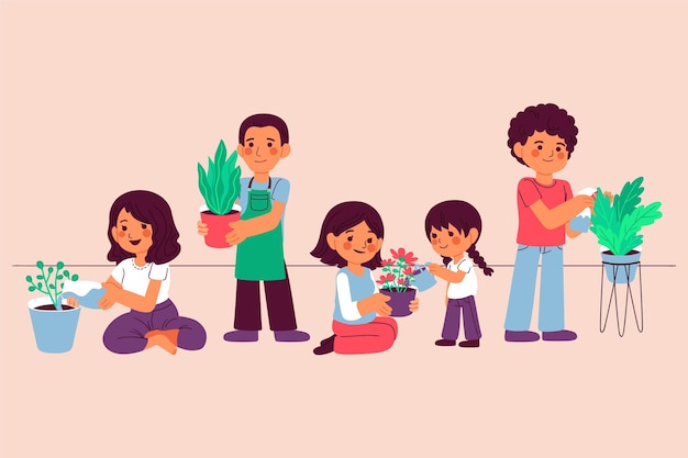 Desenhos animados cuidando de plantas juntos