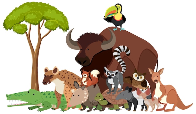 Desenhos animados de animais selvagens em estilo simples